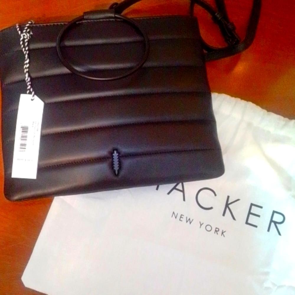 Thacker Le Pouch Black Leather Puffy Quilted Ring Handle Crossbody Tote Bag